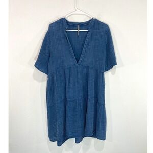 Anthropologie Shirt Dress Blue Tiered V Neck Short Sleeve Cotton‎ Gauze Waffle S